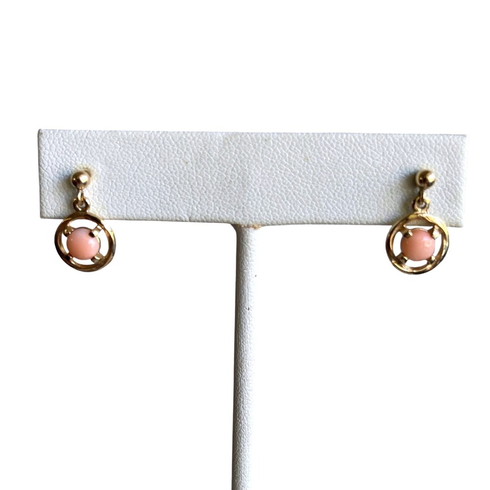 14K Gold Pink Coral Drop Earrings Angel Skin Cabochon Petite Dangle Vintage